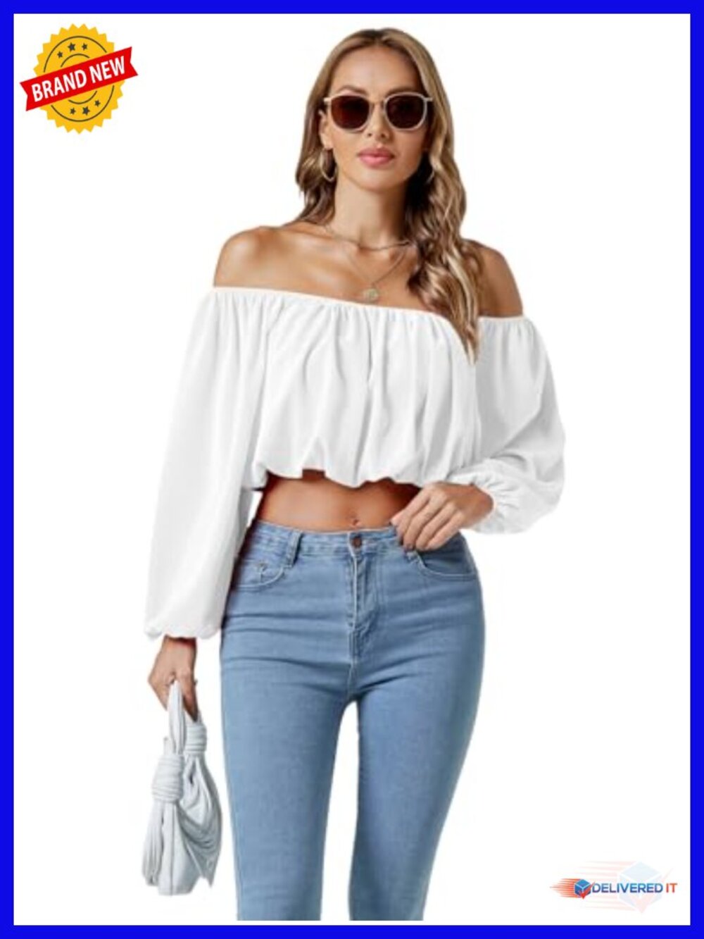 Off Shoulder Crop Top Ruched Puff Long Sleeve Blouse - Picture 5 of 6